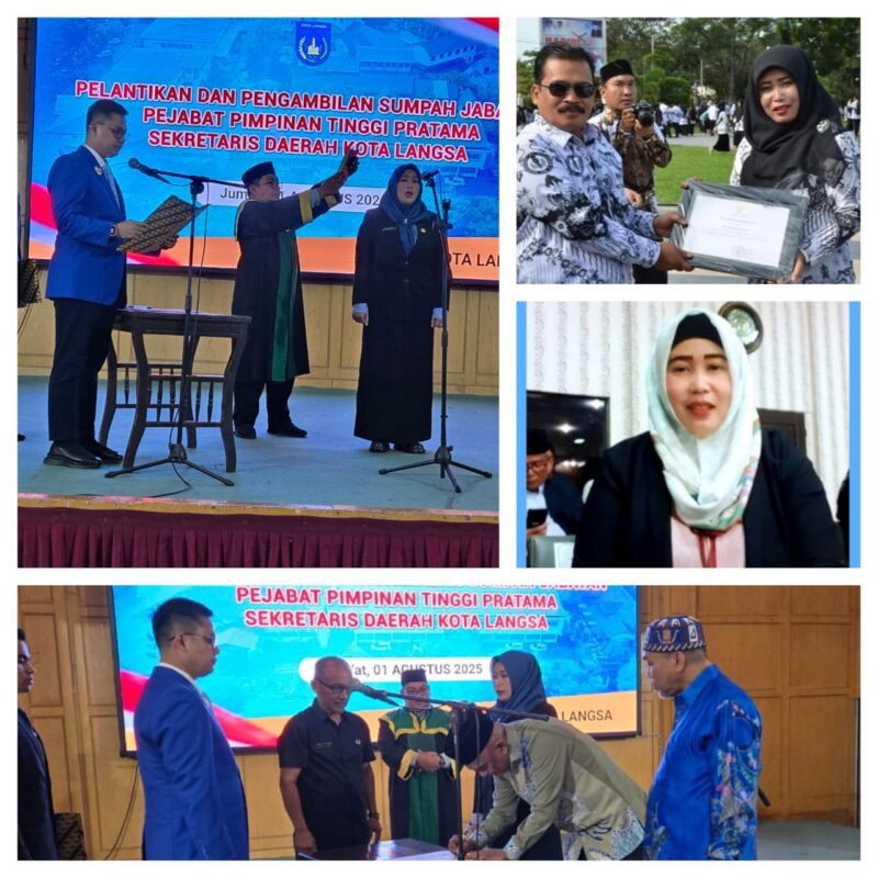 Caption : Dra Suhartini M.Pd saat menjadi kepala dinas pendidikan dan kebudayaan menerima penghargaan dari Walikota Usman Abdulla, saat setelah dilantik sebagaj Plt Sekda kota Langsa dan tepat tanggal 1 Agustus 2025, walikota Langsa melantik Suhartini sebagai Sekretaris Daerah kota  Langsa definit