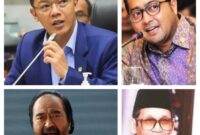 caption : 4 tokoh politik nasional asal Aceh menjadi pengurus inti partai : Sugiono (Sekjed Partai Gerindra dan Menlu, Teuku Riefky Harsa (Sekjen Partai Demokrat dan Mentri Ekonomi Kreatif), Surya Paloh (Ketum Partai Nasdem), Ismail Hasan Meutareum (Mantan ketua umum Partai PPP).