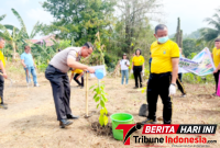 Kapolres Bitung AKBP Arie Sulistyo Nugroho, S.I.K., M.H., Saat melakukan penyiraman pohon yang baru ditanam. (ft. humas polres bitung)
